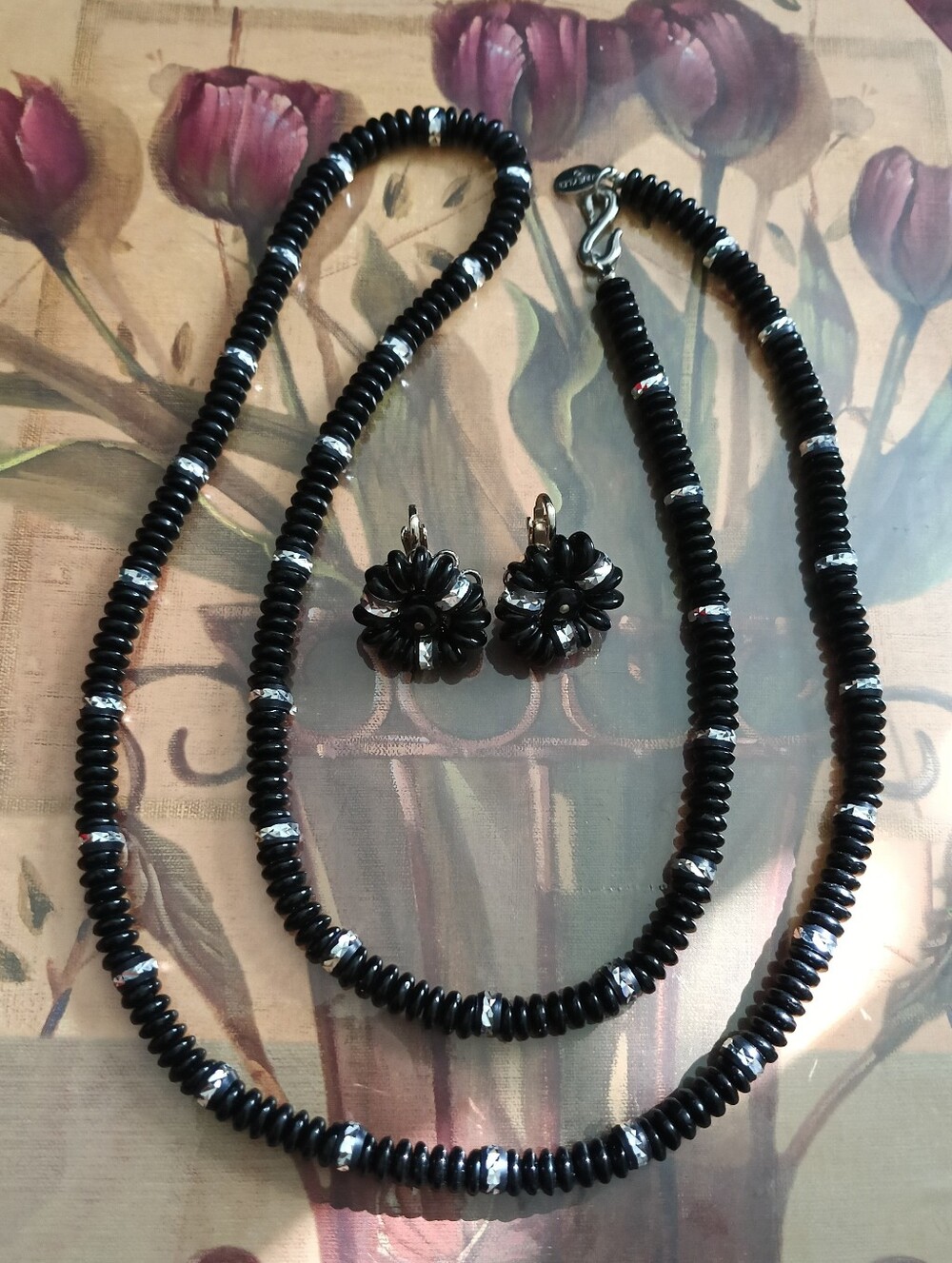 Anne Klein Vintage Set-Black Bead & Crystal Necklace with Matching Clip Earrings